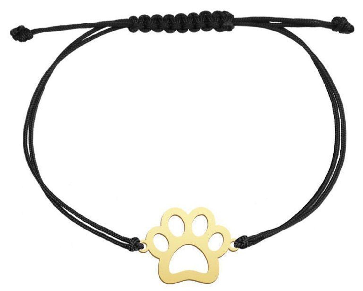 Bransoletka damska srebrna pozłacana próby 925 z łapką psa na czarnym sznureczku. Wymiary 1,7 x 1,5 cm, waga 1,23 g. Regulowane zapięcie – styl i symbolika w jednym1.jpg